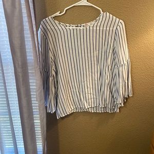 White and Navy Stripe Quarter Sleeve Top